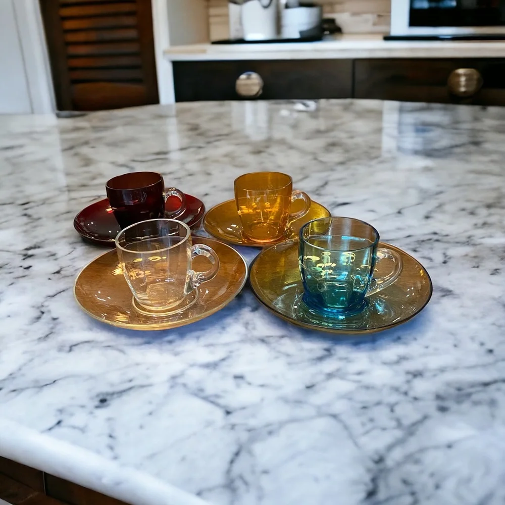 Vintage Ribbed MCM Vereco France Jewel Tone Glass Espresso Cups & Saucers - Set
